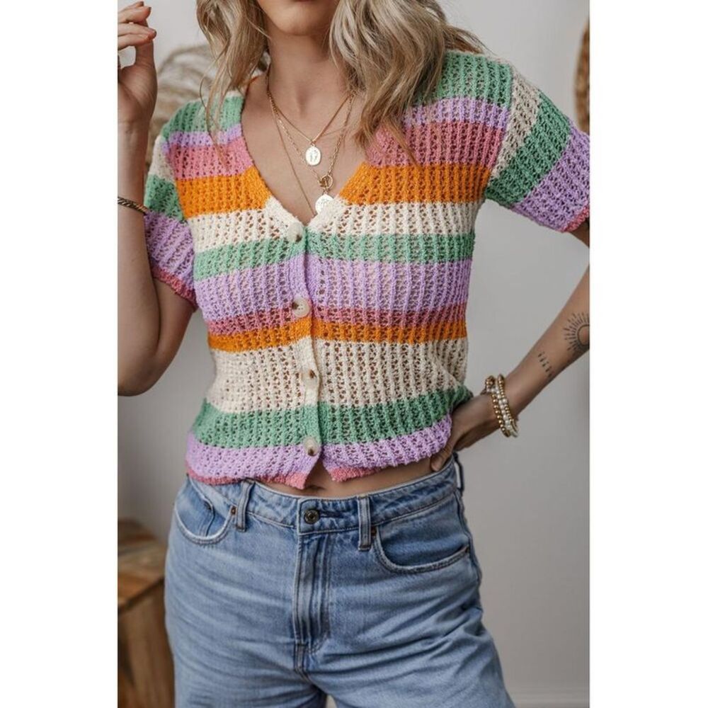 Everyday the Label Contrast Striped V Neck Short Sleeve Pointelle Knit Top Women - Picture 1 of 3
